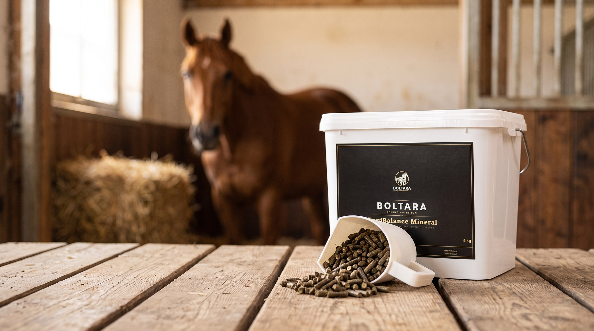 EquiBalance Mineral Eimer mit Futterschaufel, im Hintergrund ein Pferd im Stall
